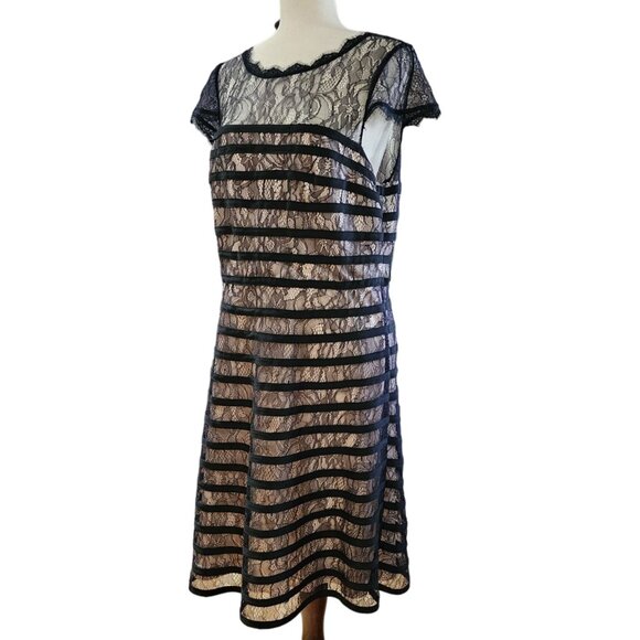 Adrianna Papell Lace Cocktail Midi Dress With Sheer Neck And Hem In Black Size L - Picture 1 of 14